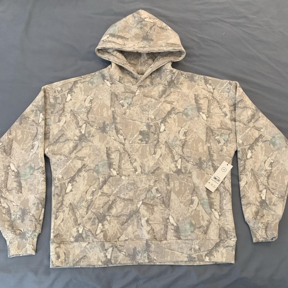 Camouflage Hoodie Adult XS Beige Fleece Boxy Fit Pullover Sweatshirt Casual Hint